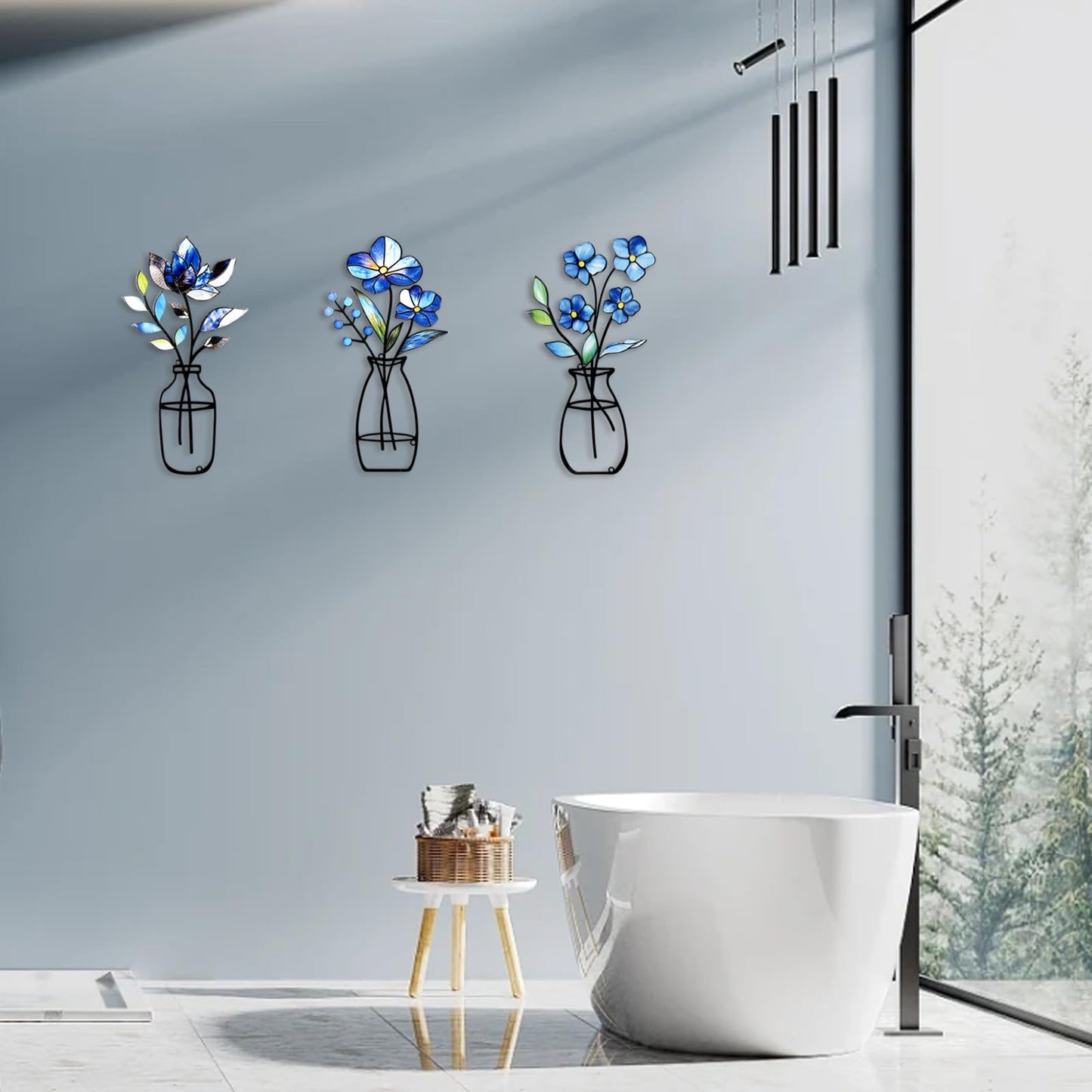 KIROYAL 3 Pcs Metal Vase Wall Arts,Iron Art Painting,Rustic Farmhouse Decor Minimalist Flower Wall Decor for Bedroom Bathroom Living Room Dining Room(Blue, Vase-D)