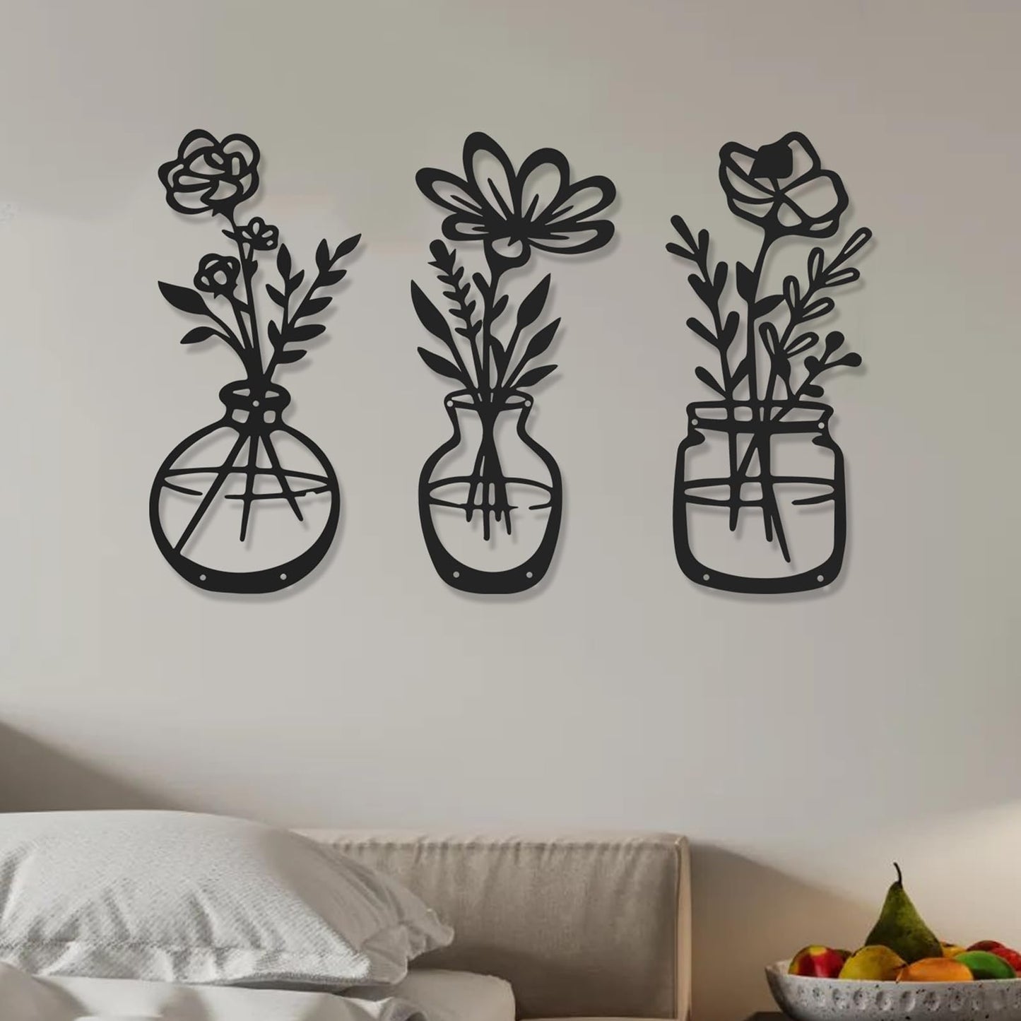 AMAATE 3Pcs Black Metal Flower Vase Wall Art Botanical Iron Farmhouse Decor
