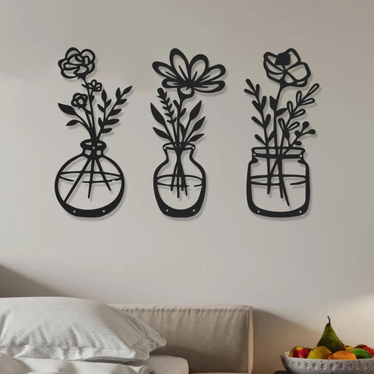 AMAATE 3Pcs Black Metal Flower Vase Wall Art Botanical Iron Farmhouse Decor