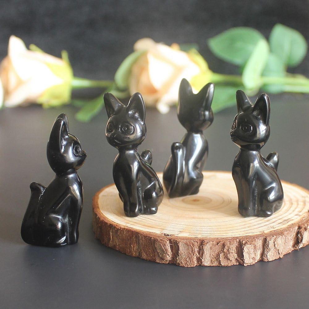 HLbshi Hand Carved Gemstone Crystal Abyssinian Egyptian cat Figurine Animal Statue Carving Office Room Home Decor 2'' (Black Obsidian)
