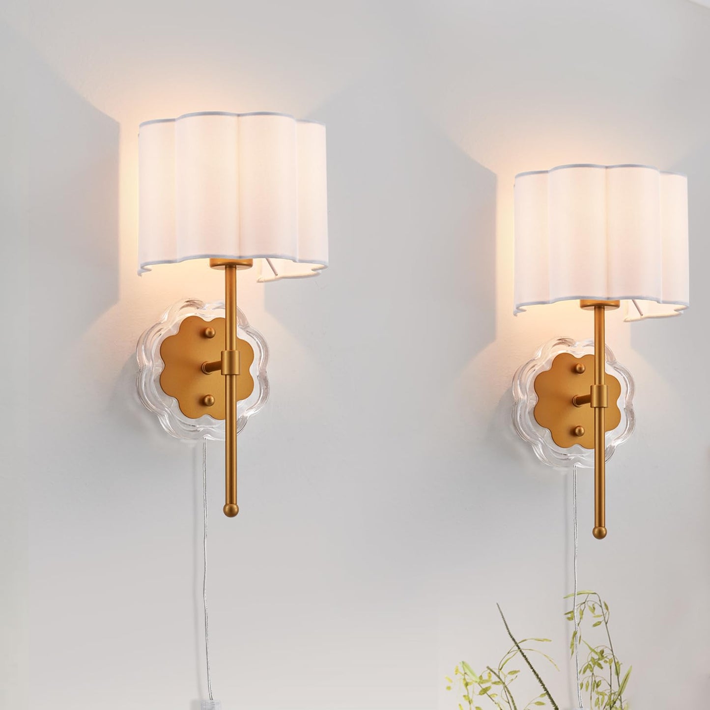MhyTogn Modern Plug-in Wall Sconce Set of 2, with Creamy-White Fabric Flower and Antique Brass Brush Paint Finish Shade for Vanity Stairway Fireplace Kitchen Living Room Bedside