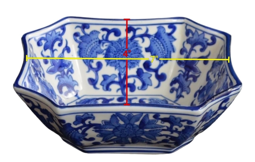Blue and White Long Octagon Serving Bowls, Salad Bowls, Fruit Bowls (7")