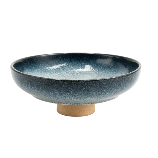chooguang Ceramic Fruit Bowl for Kitchen Counter - 10" Decorative Bowl, Acacia wood baseLarge Decorative Bowls for Home Decor - Modern Key Bowl for Entryway Table - Pedestal Bowl for Keys Blue