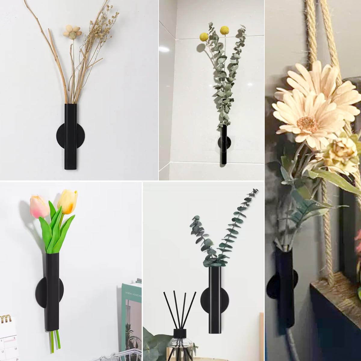 7-Inch Adhesive Wall Flower Tube,Metal Floral Holder Hanging Decoration Sticky Vase,Minimalist Wall-Mounted Open Vase for Flower Display (Black, Large)