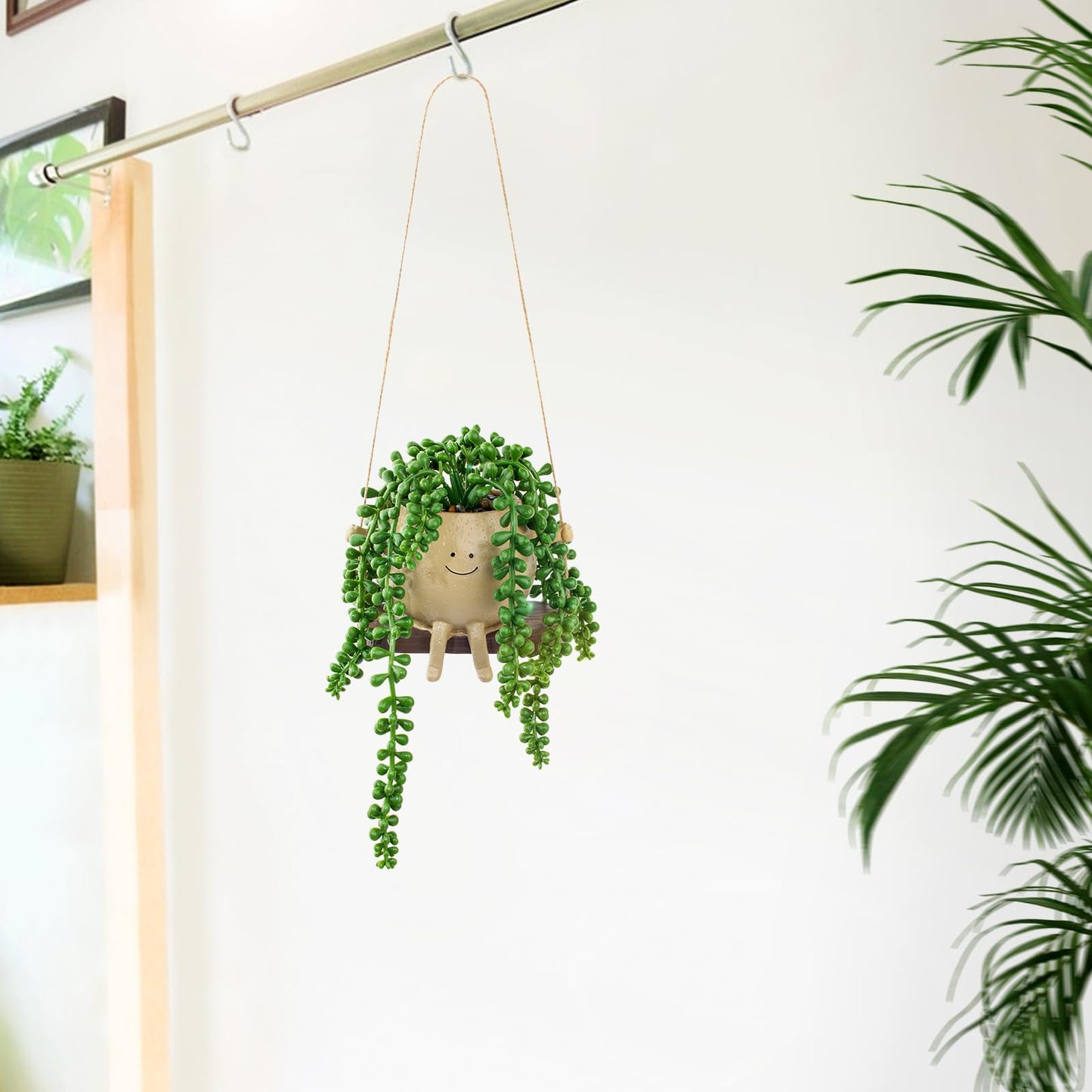 LUZOGA Artificial Hanging String of Pearls Succulent in Cute Smiley Face Swing Planter, Fake Trailing Succulent Plant for Indoor Outdoor Home Wall & Window Decor | Includes Hanging Hook