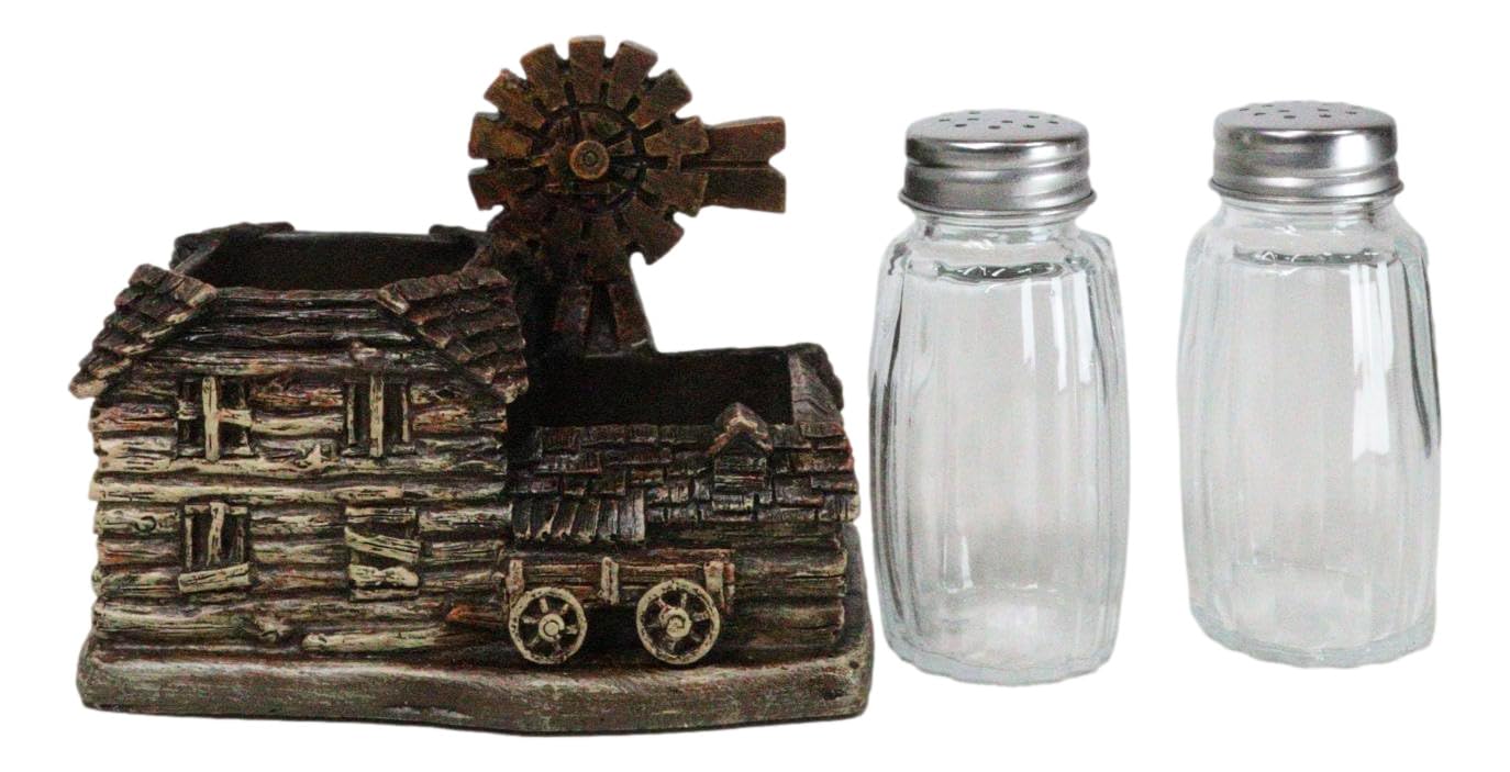 Ebros Gift Country Western Farmhouse Barn With Windmill And Wagon Salt And Pepper Shakers Holder Figurine Set Rustic Ranch Decor Sculpture