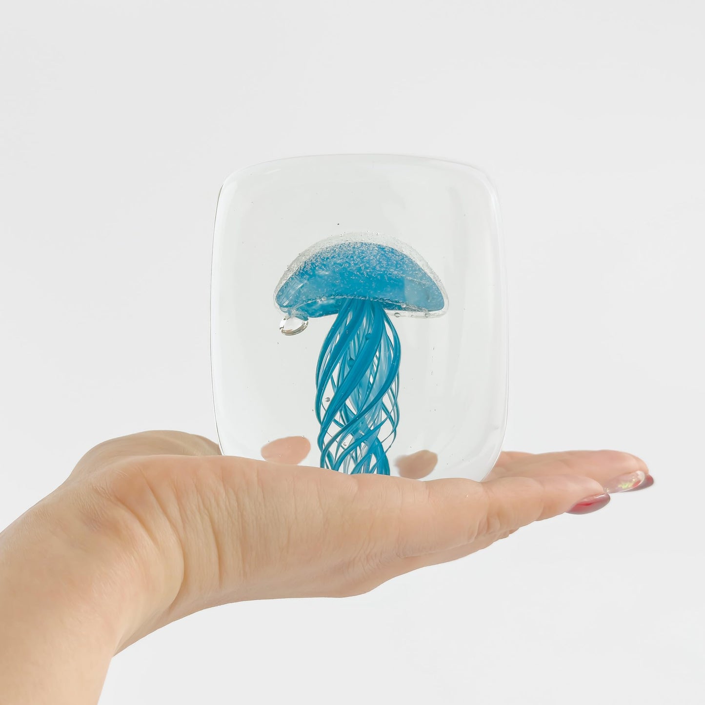 kangming Hand Blown Glass Jellyfish Paperweight, 4" Blue Marine Animal Art Sculpture, Glow in The Dark Rectangular Block, Coastal Home Desk Decor Gift (Bondi Blue)