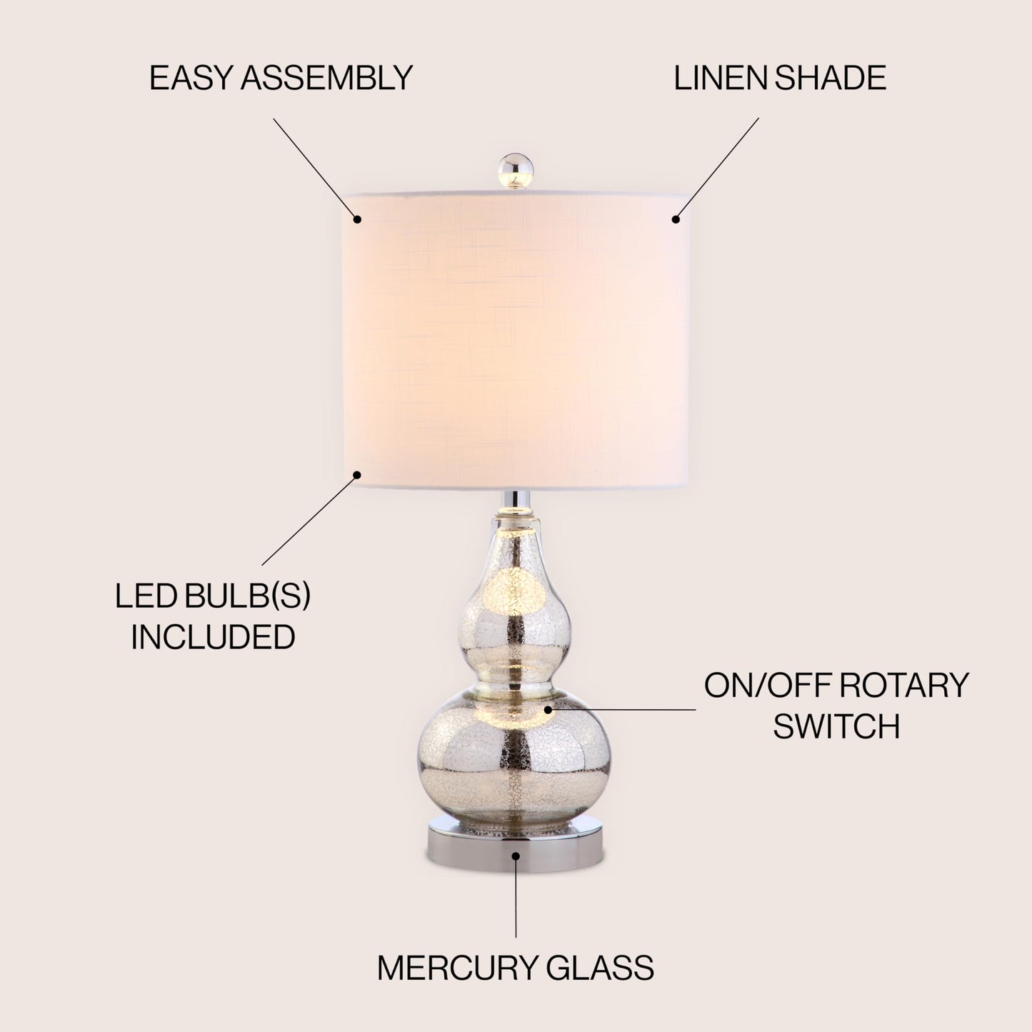 JONATHAN Y 20.5" Mercury Silver Glass Table Lamp, Modern Gourd Bedside Nightstand Lamp for Bedroom, Living Room, White Linen Shade, LED Bulb Included (JYL1028C)