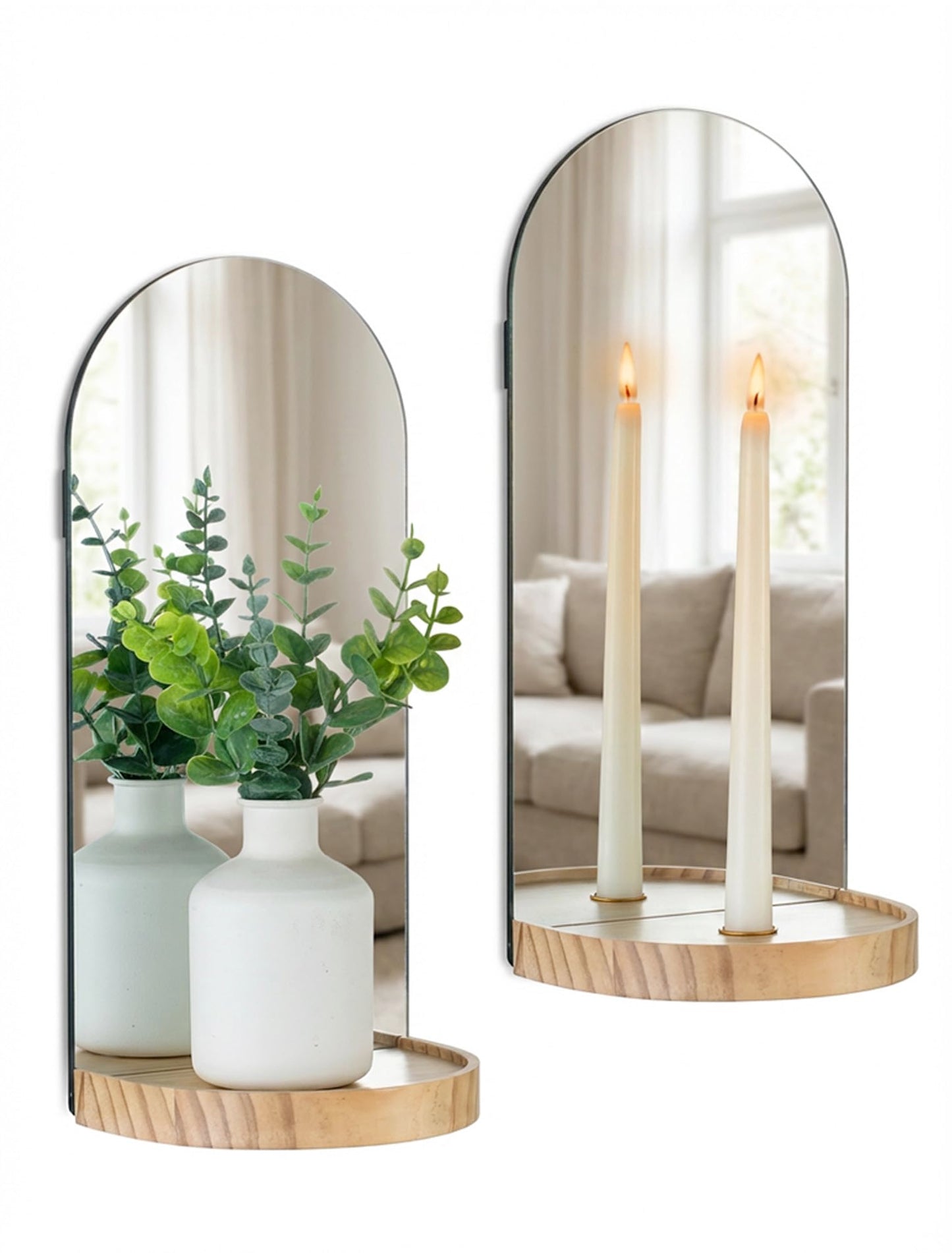 Walasis Wall Candle Holder Set of 2: Arch Mirror Candle Sconces Boho Wall Decor for Livingroom Entryway - Nature Wood Bohemian Candle Sconces Display Shelf with Ledge for Vase Candles