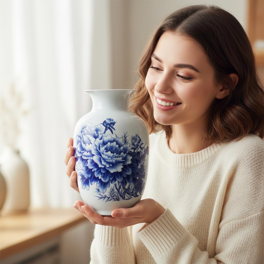 MTME Porcelain Figurines, Jingdezhen Decorative Flower vase, Melon Sr. Home Decor, Wedding Gifts, Aesthetic Sculpture Home décor (Peony Blue)