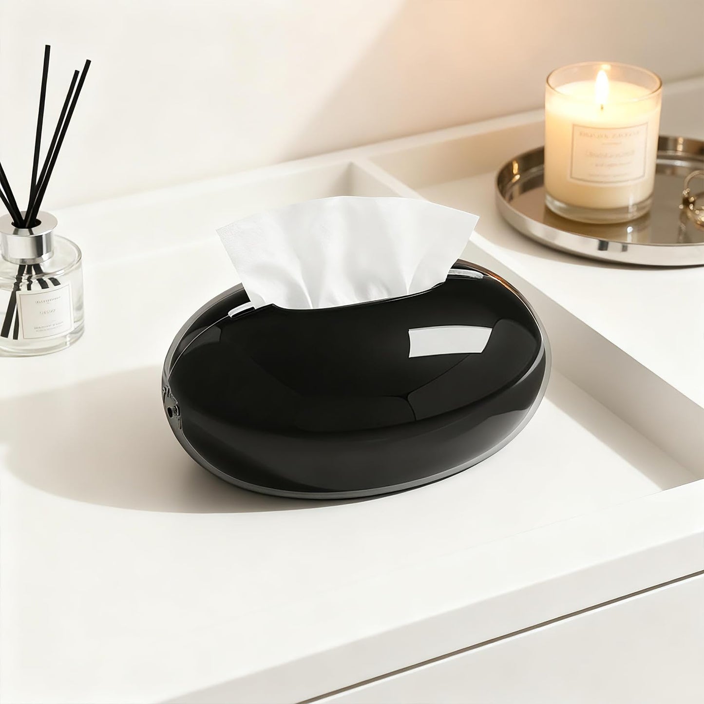 Acrylic Tissue Box Cover, Large Round Design with Non-Slip Base, Beige Decorative Holder for Bathroom, Living Room, Office (Black)