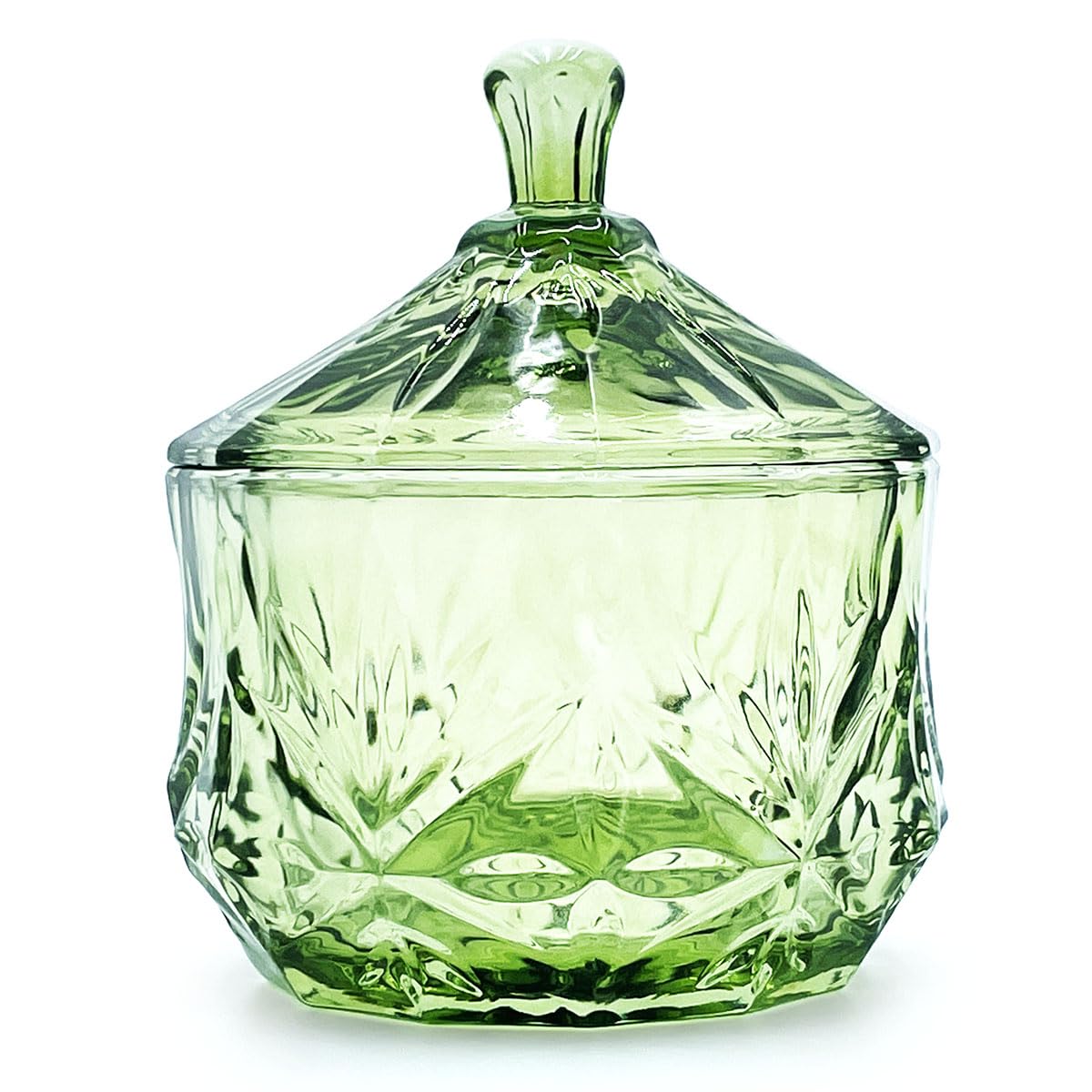EWEIGEER 8oz Glass Candy Dish with Lid,Small Crystal Chrismas Candy Jar,Cotton Round Holder,Office,Bathroom,Dining Room Organizer(Olive Green)