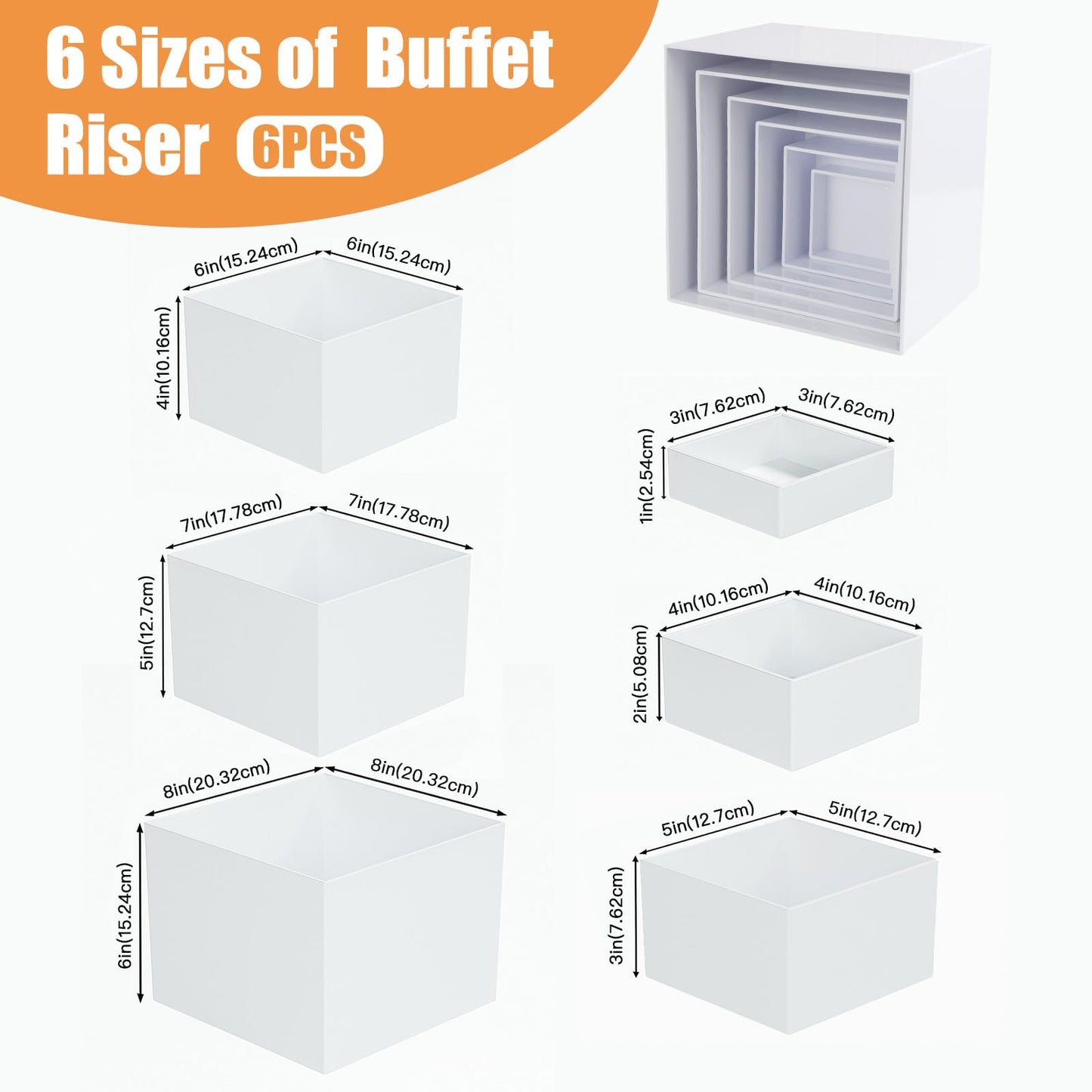 IBEQUEM Buffet Risers Set of 6, Acrylic Food Risers for Buffet Table, White Display Stand Set with Hollow Bottoms, Cube Boxes for Cake Catering Dessert Party (3",4",5", 6",7",8'') Christmas Gift