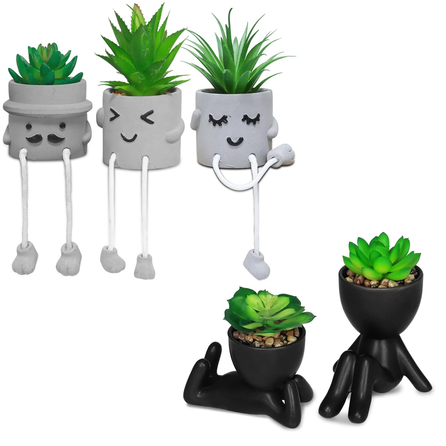 Zerzsy 3pcs Creative Artificial Succulents with Gray Flower Pots Bundle with 2PCS Cute Artificial Succulent Plants with Creative Human Shaped Pots