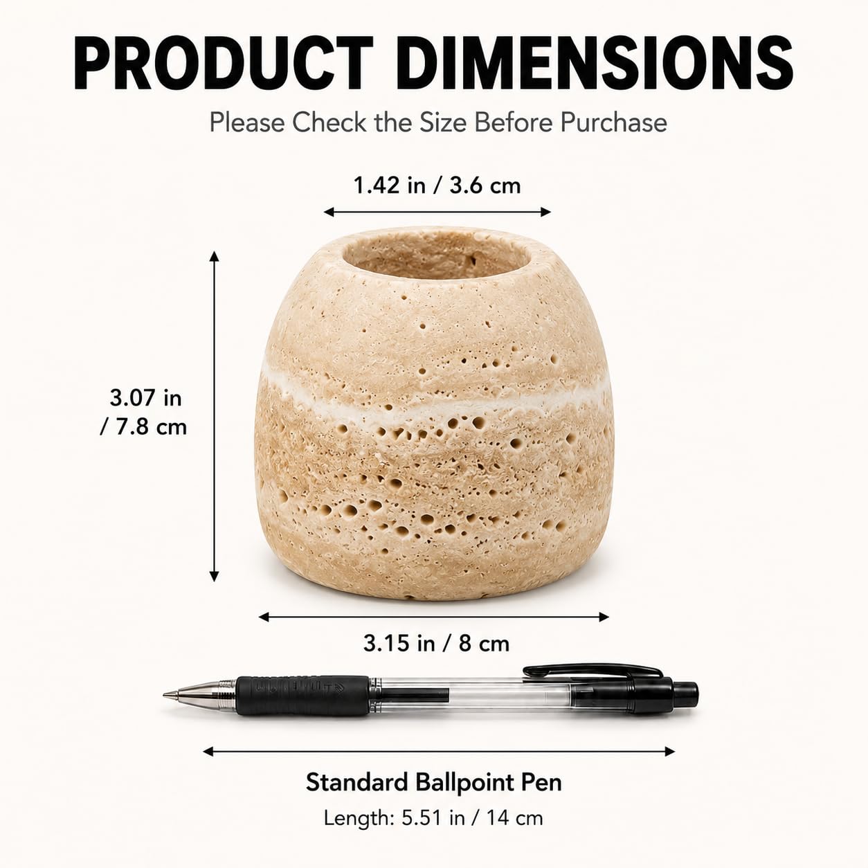 SIRIZEN-DIVING Travertine Cotton Swab Holder, Small Natural Stone Bathroom Cup for Q Tips, Matches, Toothpicks and Vanity Counter Decor, Beige