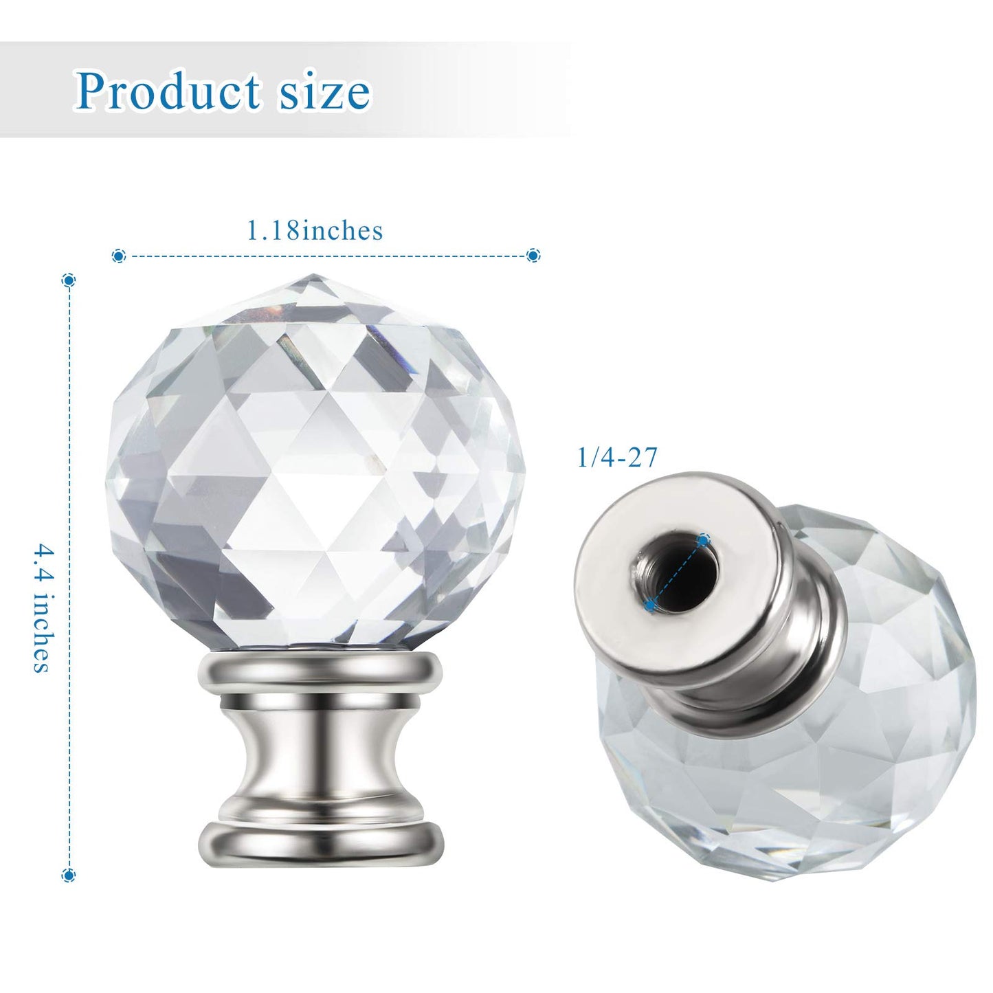 Mudder 2 Pieces Crystal Lamp Finials Decorative Lamp Shade Screw Cap Clear Top Knob with Polished Chrome Base 1-3/4 Inches Diamond Knob(Silver Base)