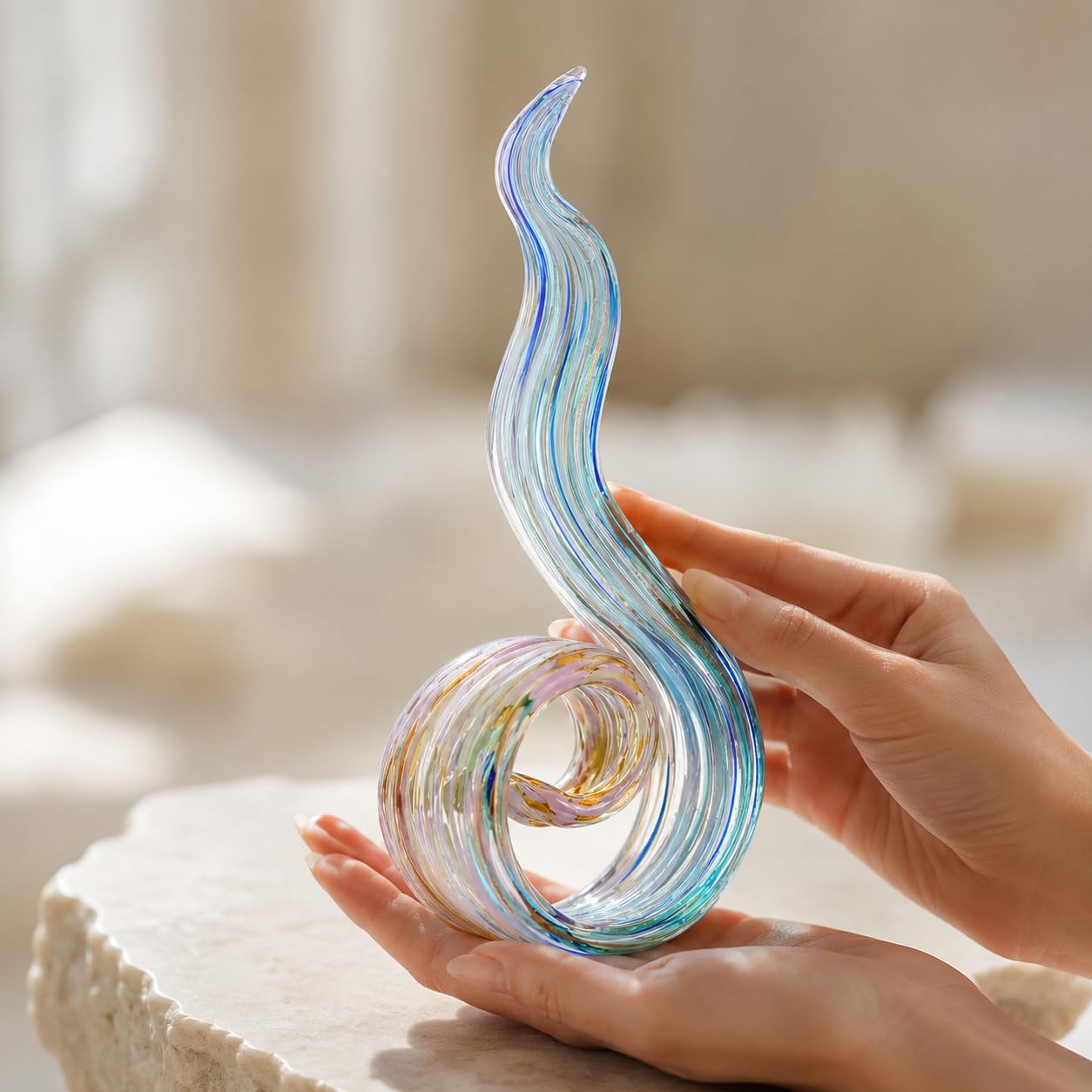 WUBIANJIE Glass Sculptures Home Decor, Hand Blown Art Glass Statue, Abstract Wave Flame Figurine for Living Room Shelf Tabletop Entryway Decorative Indoor Accent