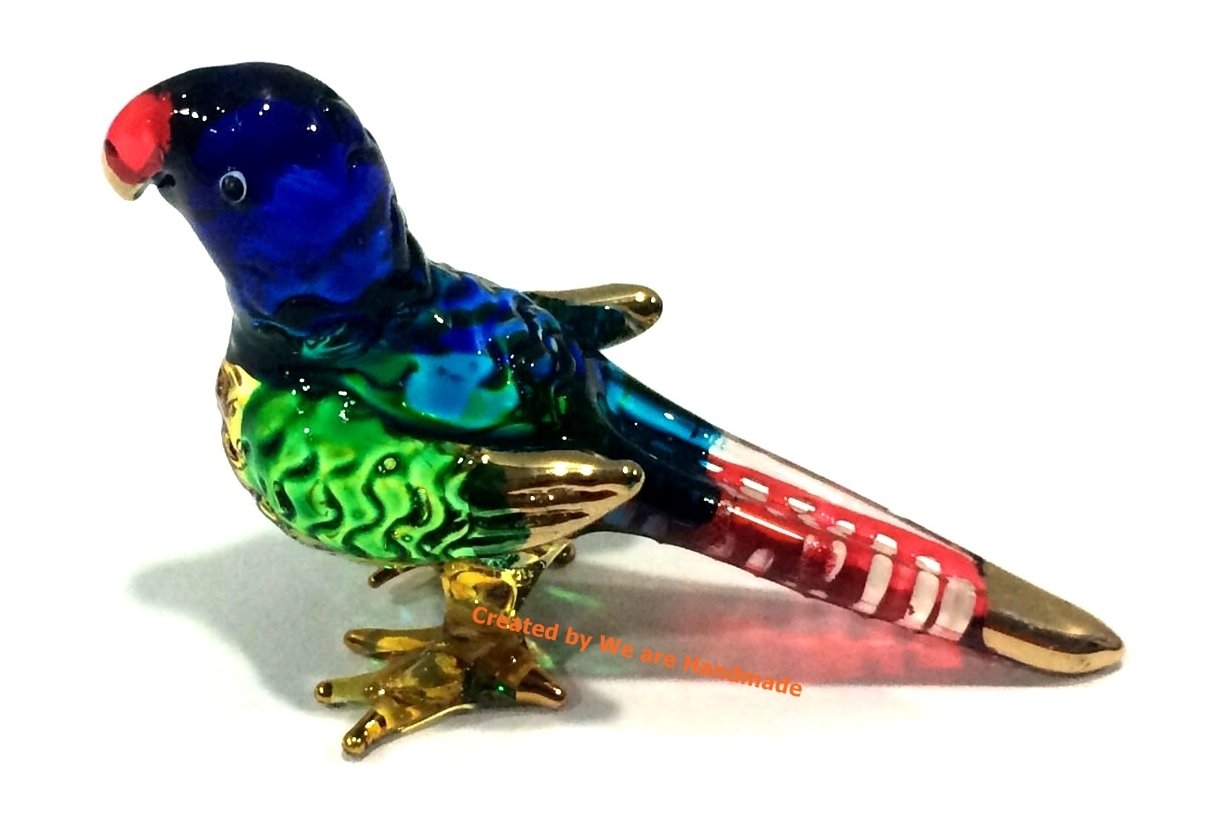 Handmade Mini Blown Glass 2" Parrot Bird Fantasy Figurine Art, Cool Stuff, Miniature Animals, Home or Garden Decor Gift Ideas (Blue)