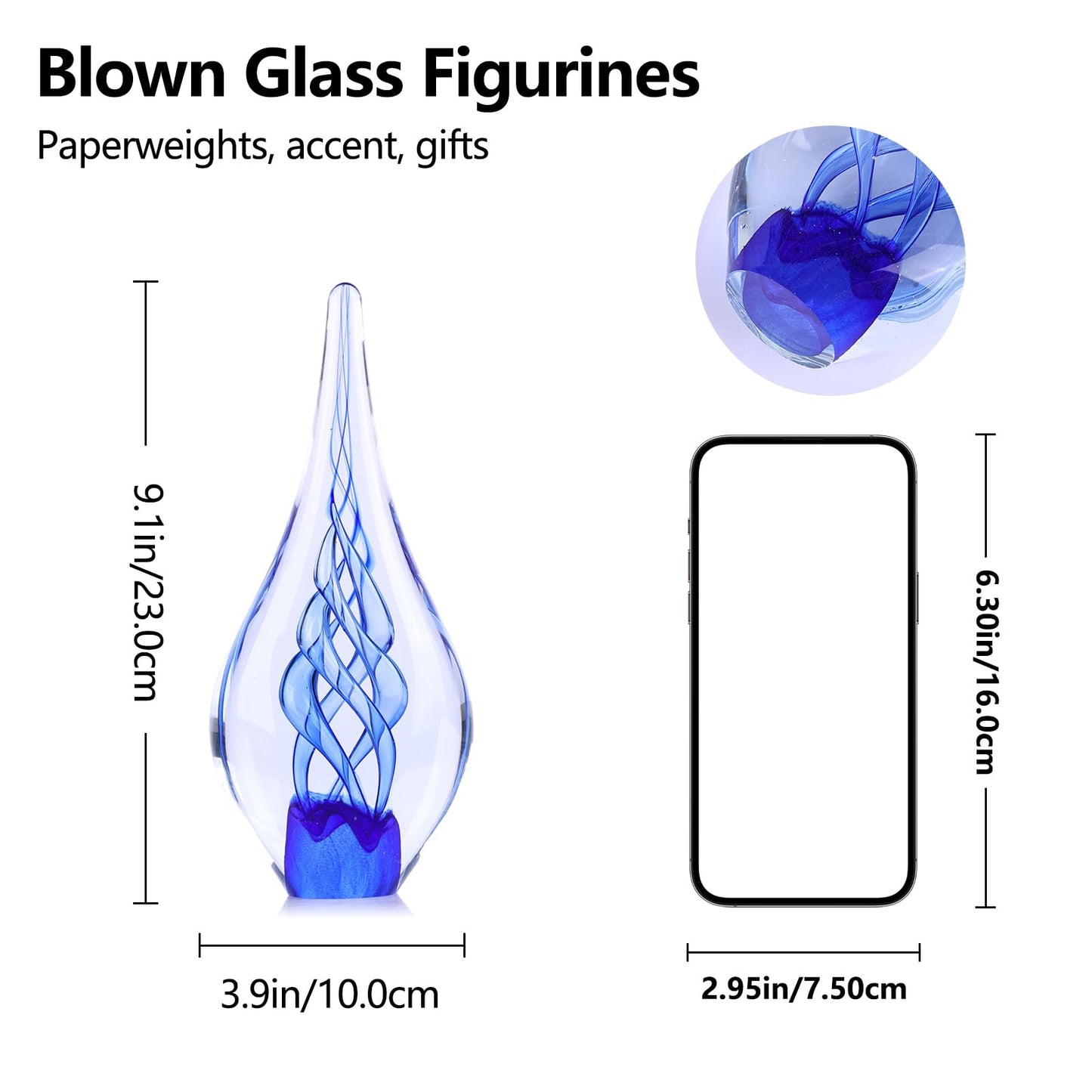 9" Tall Sculpture Hand Blown Glass Decor, Paperweight for Office Desk, Modern Glass Art Figurines Mediterranean Beach House Decor, Living Room Coffee Shelves Table Top Decoration (Swirl Blue)