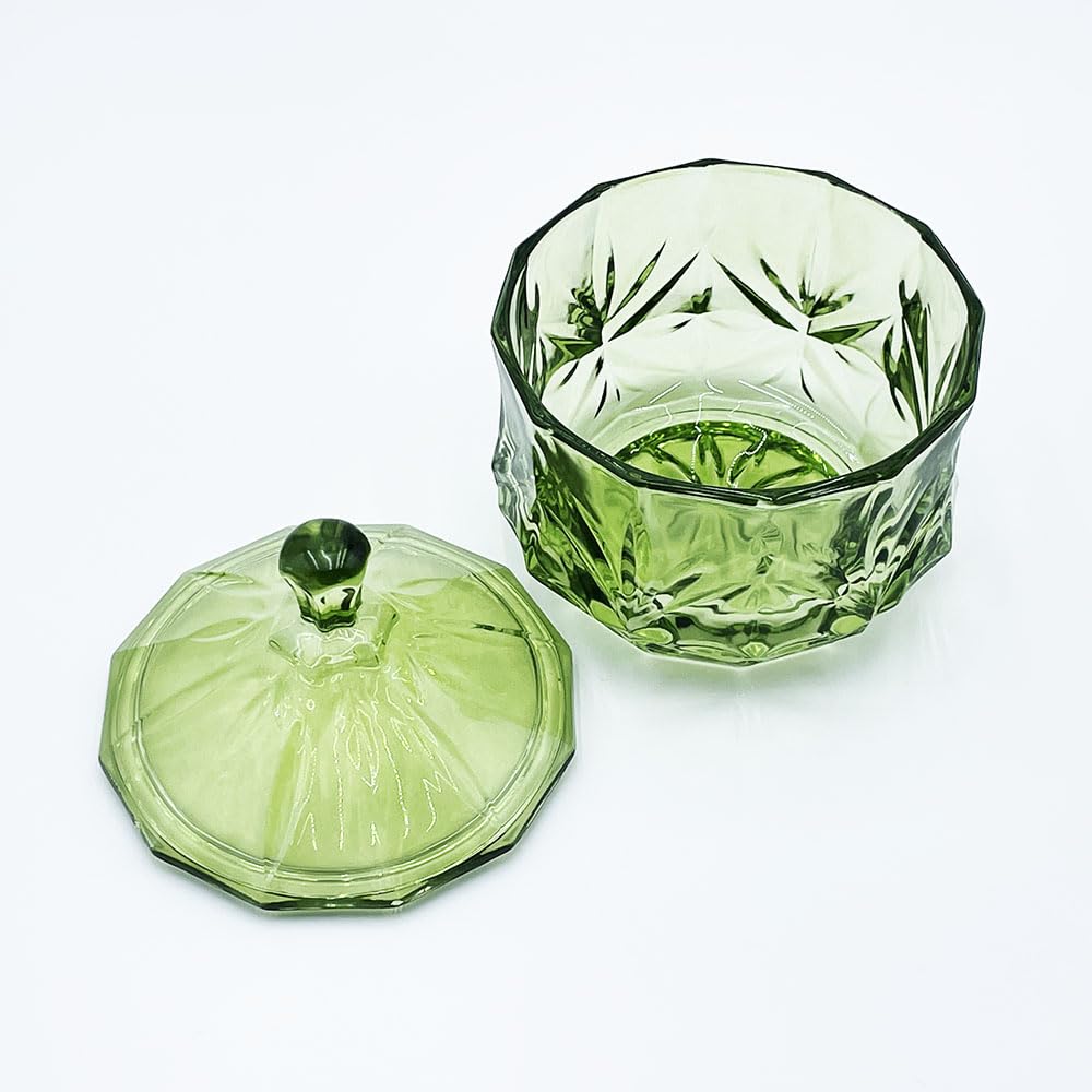 EWEIGEER 8oz Glass Candy Dish with Lid,Small Crystal Chrismas Candy Jar,Cotton Round Holder,Office,Bathroom,Dining Room Organizer(Olive Green)