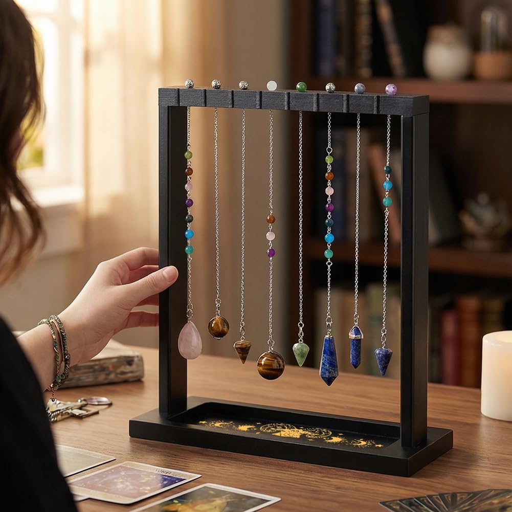 BEUNITONE Pendulum Crystal Holder, Ram Design Wooden Crystal & Jewelry Display Stand Divination Pendulum Storage Rack Tabletop Organiser for Necklaces, Stones and Home Decor
