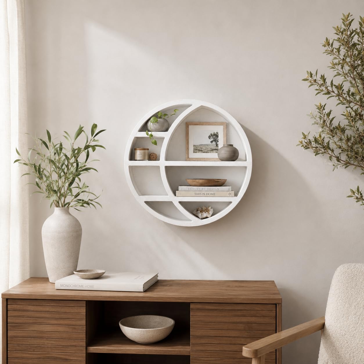 Nimpro Wooden Crescent Moon Shelf — Boho Wall Decor Crystal Display Shelf for Bedroom, Dorm & Nursery | Crystal Holder for Essential Oils, Witchy & Moon Phase Decor | 14x14x3.5 | Paulownia Wood
