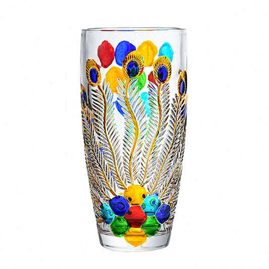 Unique Hand Painted Colorful Peacock Shaped Crystal Glass Vase-11 inch Tall. (Hand Painted Colorful)