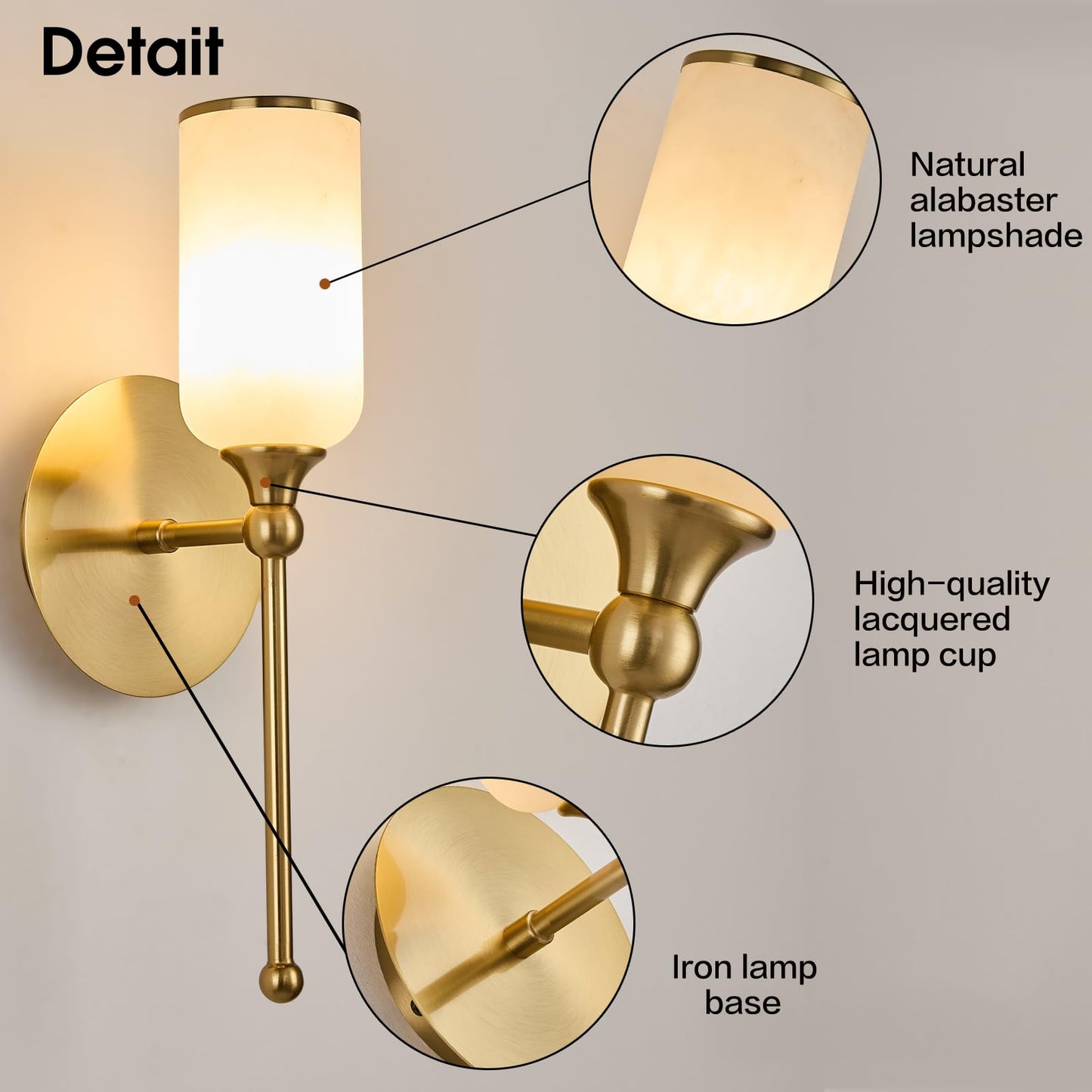 Fanyank Alabaster Wall Sconce, 15.4inch Natural Marble Lampshade Wall Sconce, Hardwired Sconce LED Modern Wall Lamp for Bedroom, Stairs, Living Room, Bedside, Hallway Gold