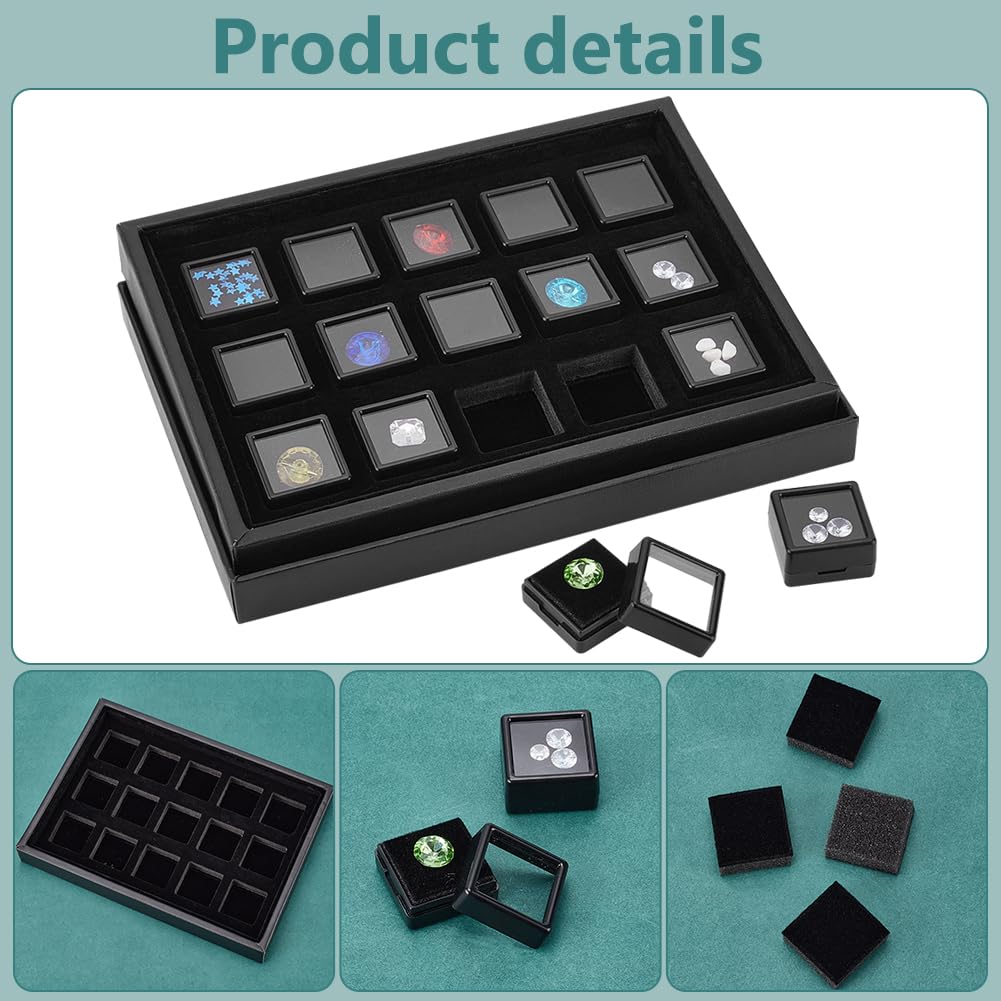 PH PandaHall Gemstone Display Boxes, Black Plastic Gem Box Loose Diamond Conrainers Jewelry Holder with 1.16" 15pcs Small Black Square Storage Box with Sponge for Small Item, Gems, Diamonds