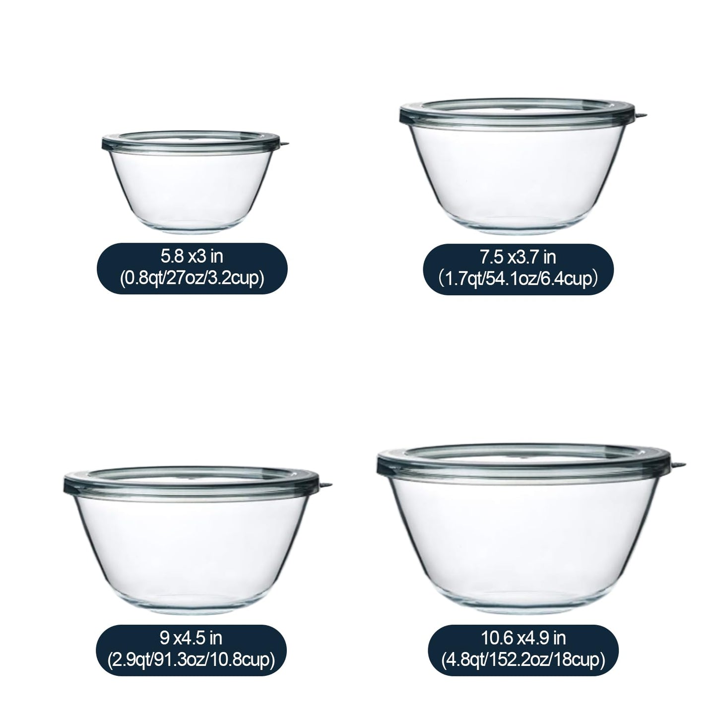 M MCIRCO Glass Mixing Bowls with Lids, 4 Packs Glass Bowl Set, Nesting Bowls for Meal Prep, Food Storage, Bowls For Cooking, Baking, BPA-Free, 0.8/1.7/1.6/2.9/4.8 Qt