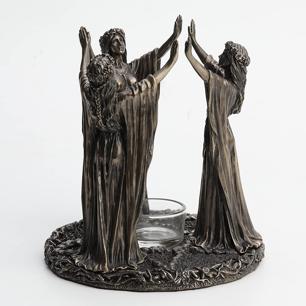 Veronese Design 6 3/4 Inch Tall Triple Moon Goddess Maidens Ritual Candle Tealight Holder Cold Cast Bronzed Resin Sculpture Wiccan Alter Figurine Home Decor New Age Religious Collectible