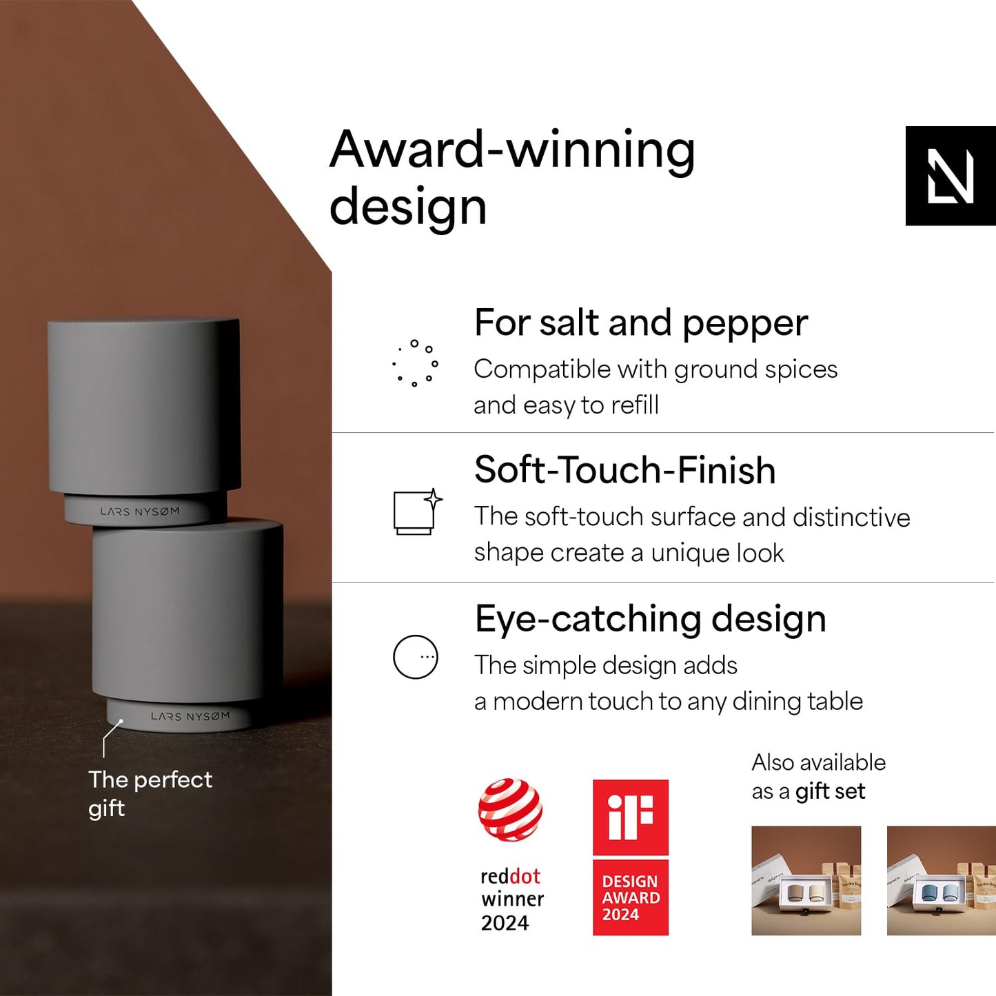 LARS NYSØM Mini Salt and Pepper Shakers Set | Stainless Steel Salt and Pepper Shakers with Modern Minimalist Design, Easy Refill, Small Size (Black/White)