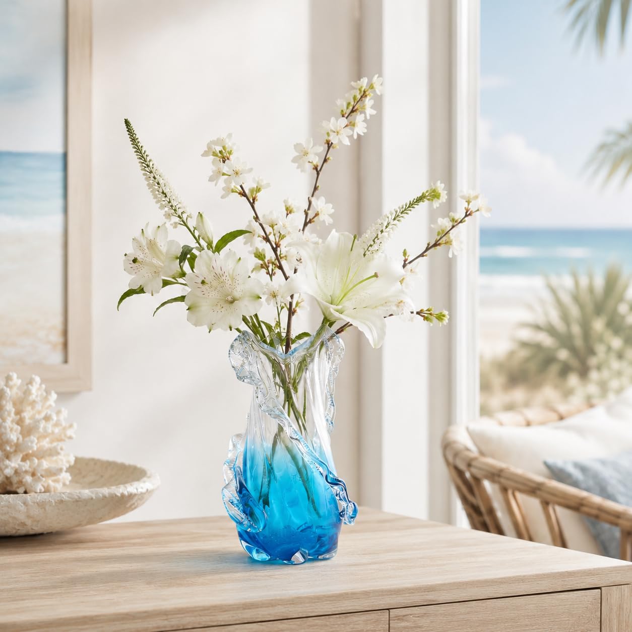 Hand Blown Blue Glass Vase, Sea Glass Ombre Wavy Coastal Vase, Murano Style Decorative Glass Vase for Home Centerpiece, Coffee Table, Living Room & Office Decor (Medium)