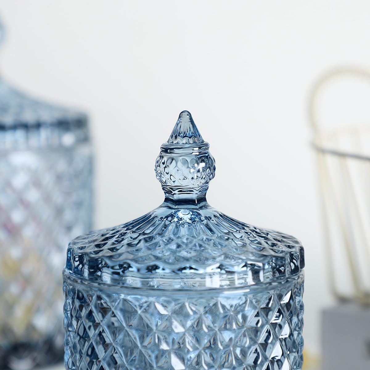 Sizikato Diamond Faceted Crystal Glass Candy Jar with Lid, Blue Decorative Jar, Jewelry Box, Cotton Swab Storage Holder.