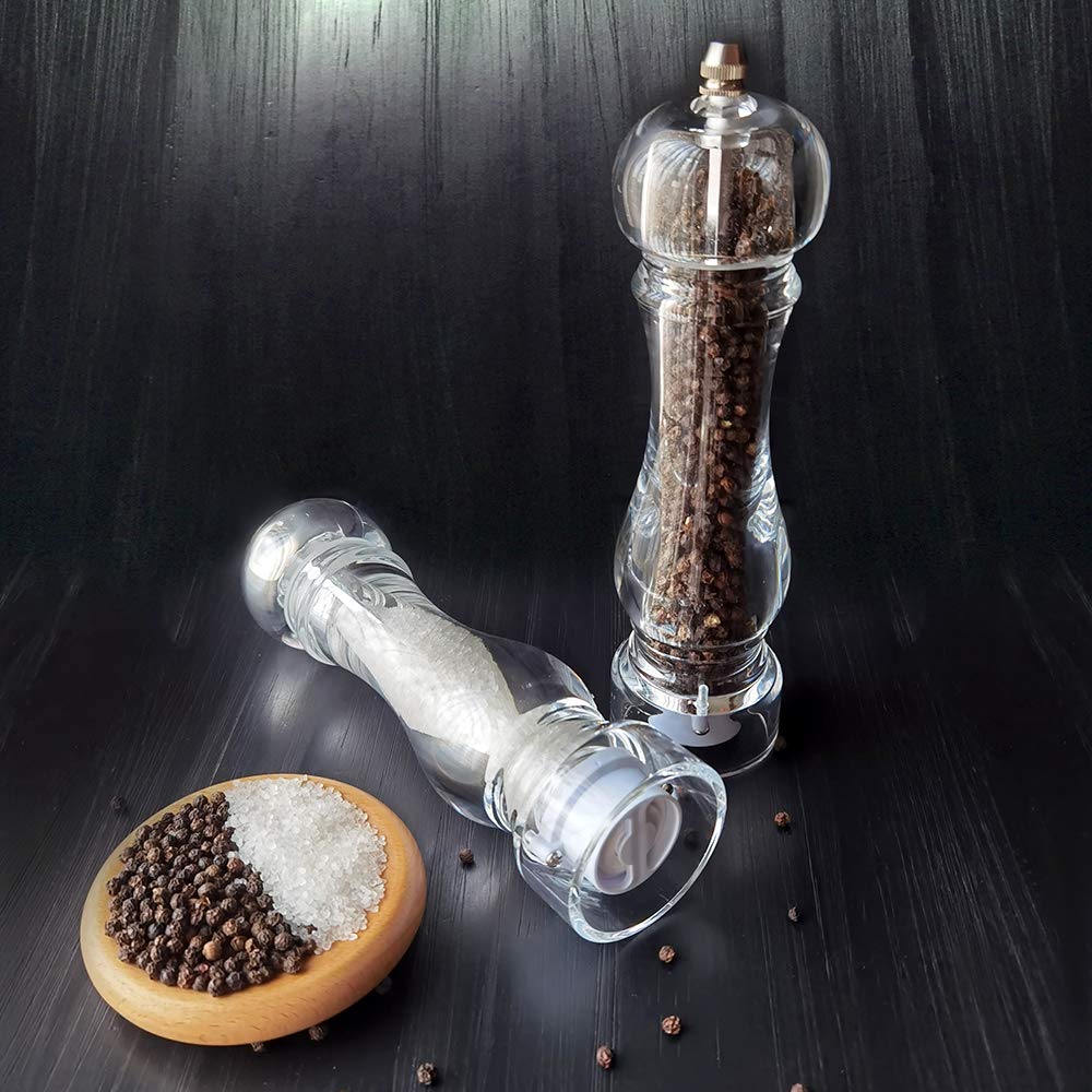 Kaiciuss salt and pepper grinder mill set refillable large,the best transparent acrylic grinders for whole peppercorn and himalayan salt