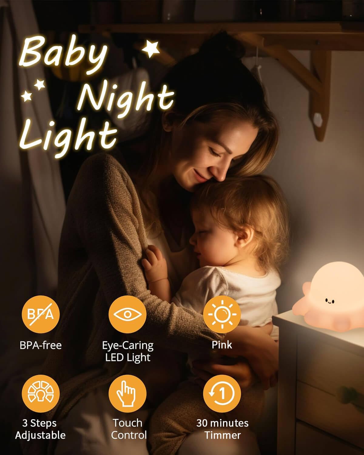 Lustrinex Cute Octopus Rechargeable Silicone Night Light for Kids, Dimmable Touch Control Nightlight with Timer, Portable USB Baby Night Lamp for Nursery, Bedroom