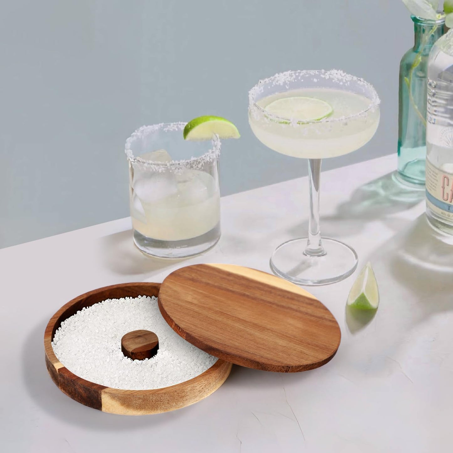 4 Pcs Acacia Wood Margarita Salt Rimmer Set, 6" Glass Rimmer for Cocktails, Bartender Tool Kit Home Bar Accessories, Rimming Salt Sugar Rimmer Plate with Lid for Drinks Cocktails Party Restaurant ﻿