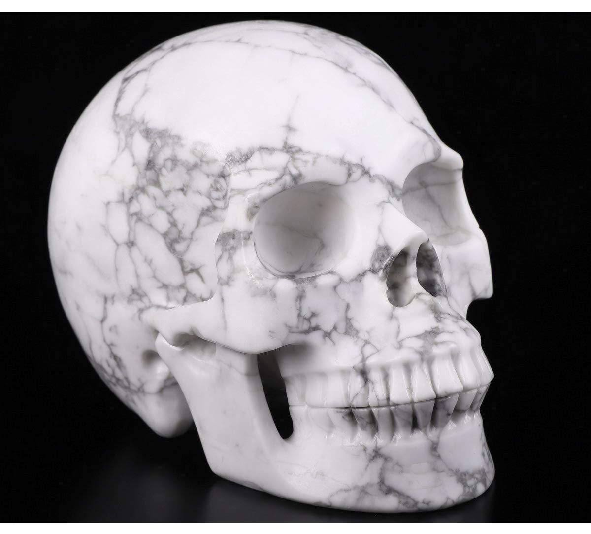 Skullis 5.0" Howlite Crystal Skull, Hand Carved Gemstone Fine Art Sculpture, Reiki Healing Stone Statue.
