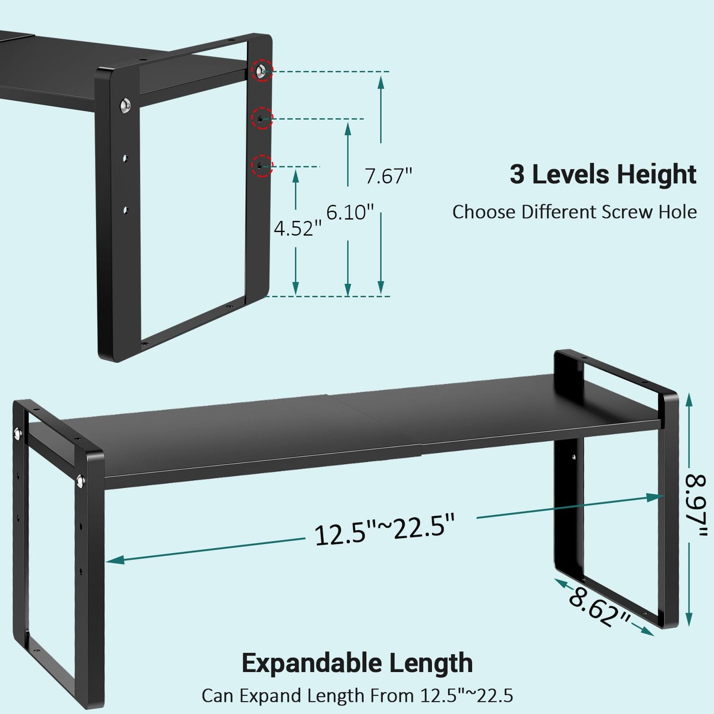 Astrorhine 2 Pack Expandable Cabinet Organizer Shelves, 88lbs High Weight Capacity, Stackable Heavy-Duty Metal Storage Rack, Adjustable Cabinet Shelf for Kitchen, Pantry, Cupboard, Under Sink, Black