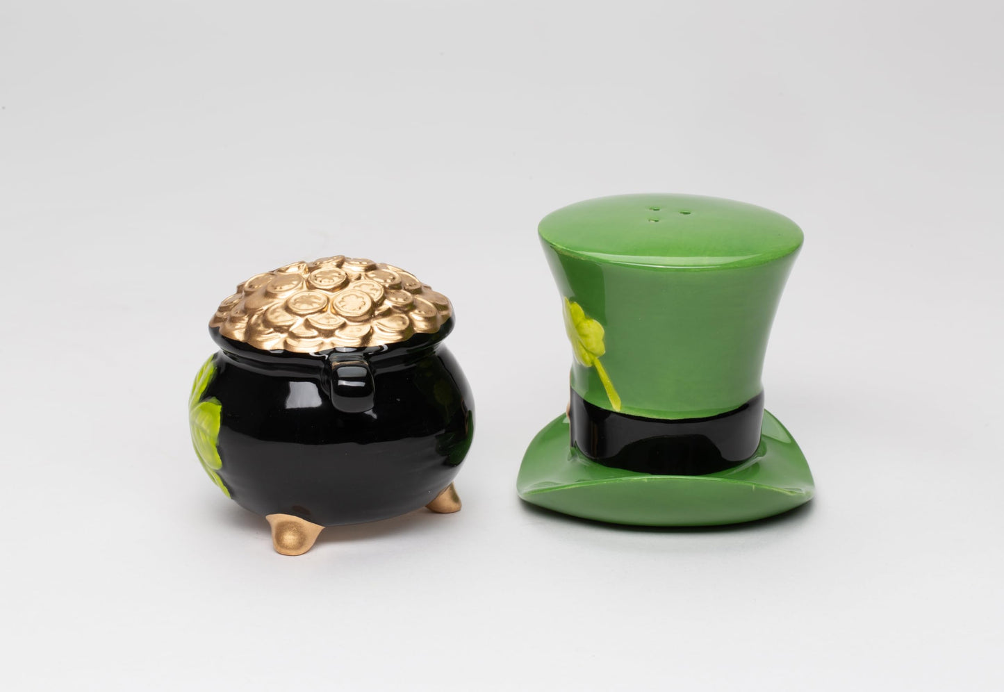 Fine Ceramic St Patrick's Irish Top Hat & Pot of Gold Salt & Pepper Shakers, 4-3/4" H