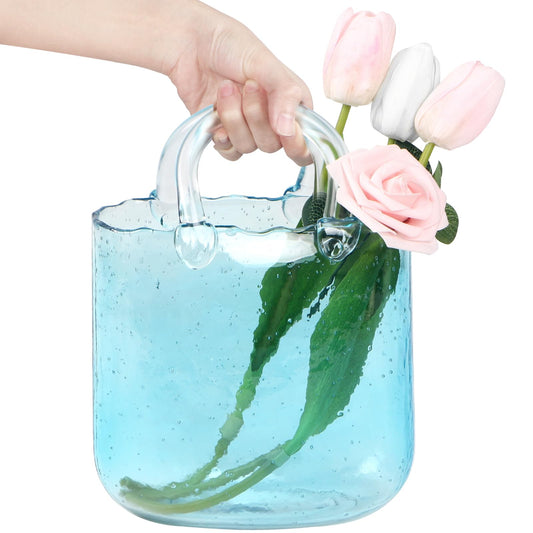 Unique Purse Vase for Flowers,Blue Handmade Thicken Bubbled Glass Bag Vases with Gradient Color for Home Decors .Great Clear Purse Flower Vase for Centerpiece,Floral Arrangement,Wedding Decors.