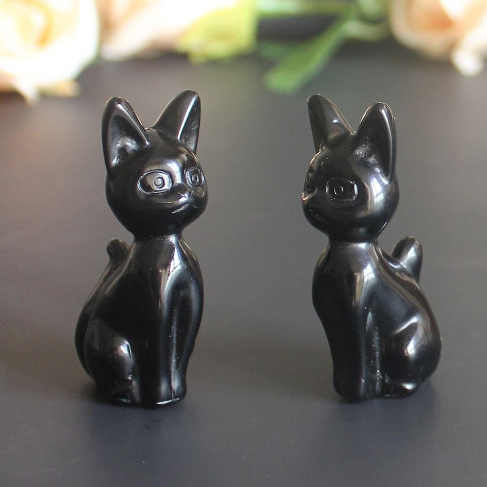 HLbshi Hand Carved Gemstone Crystal Abyssinian Egyptian cat Figurine Animal Statue Carving Office Room Home Decor 2'' (Black Obsidian)