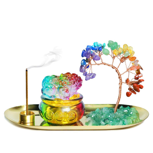 Feng Shui Crystal Tree Incense Burner Holder, Lucky Pi Xiu Treasure Basin, Healing Crystals Tree of Life Incense Tray Money Ideal Adornment for Attracting Wealth, Yoga Meditation Decor - Colorful