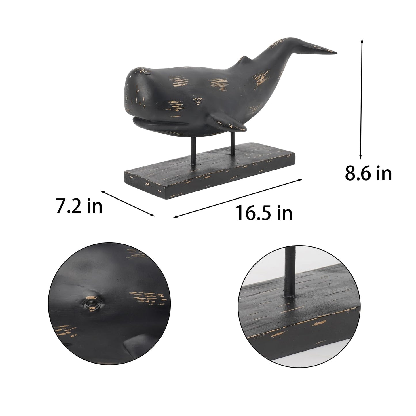 Guichifun Whale Statue Home Decor Accents - Resin Black Distressed Finish Farmhouse Ocean Whale Figurine Desk Decor for Living Room Office Shelf Marine Themed Decorations Gift 16.5 x 7.2 x 8.6 Inch