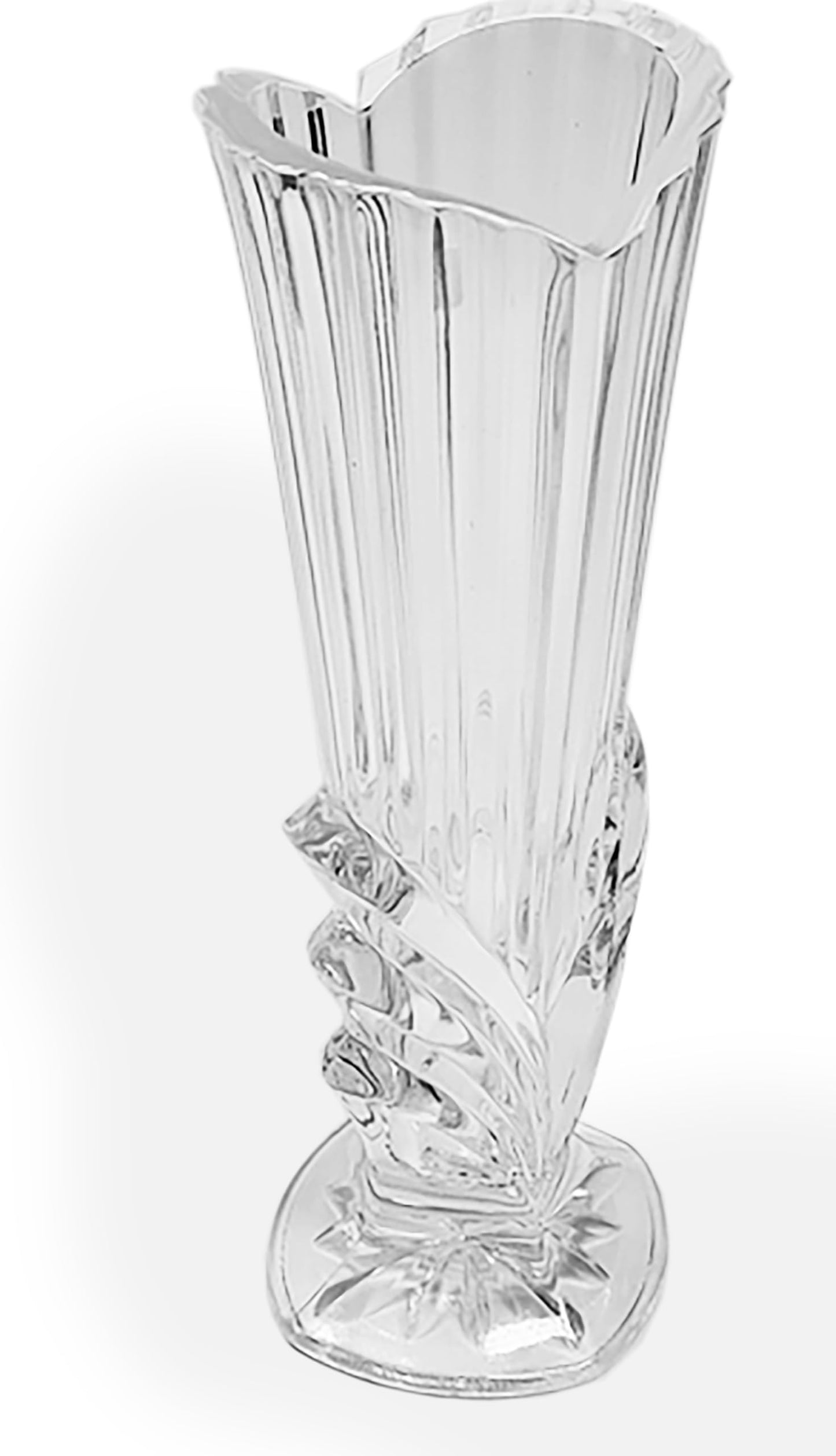 Crystal Deco Heart Flower Vase, Late 20th Century Style, 8 Inch Height, 7 Ounce Capacity, Clear Glass with Vertical Ridges