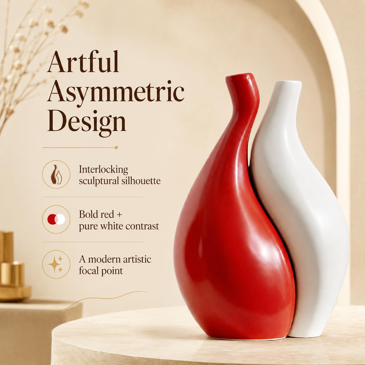 XGZY Simple Modern Art Red and White Ceramic Vase, Flower Vase Home Decor for Room, Bedroom, Office Desk, Entryway Table, Farmhouse, Coffee Table, Shelf, House Warming Gifts