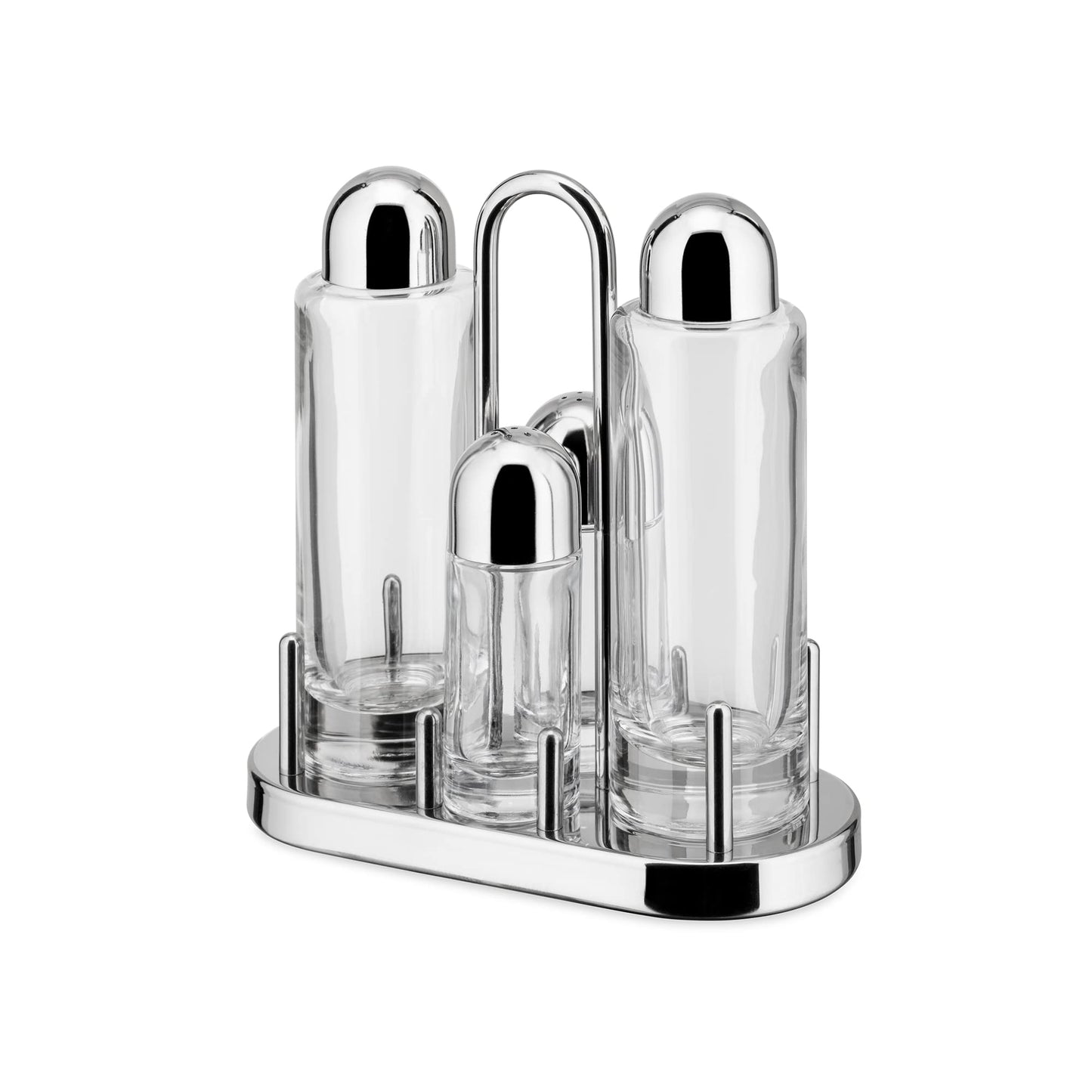 Alessi | 5070 - Design Condiment Set for Oil, Vinegar, Salt and Pepper in 18/10 Stainless Steel and Crystalline Glass