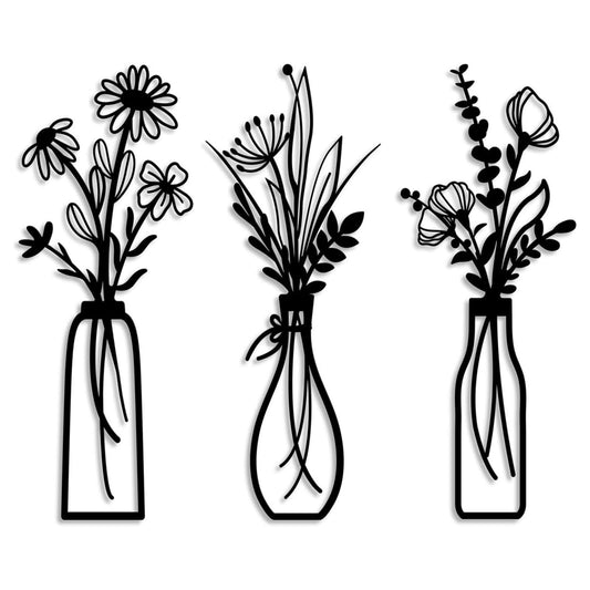Bliztrix 3 Piece Metal Flowers Wall Art for Farmhouse Decor Living Room Decor Minimalist Floral Vases Wall Decor Metal Wall Arts