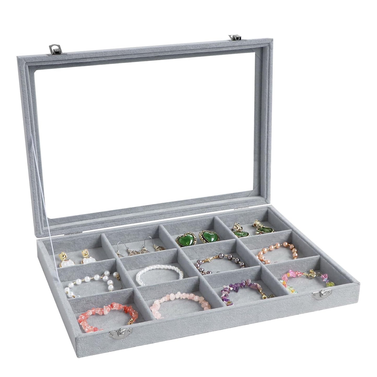 Wudygirl 12 Grid Jewelry Organizer Velvet Jewelry Tray with Clear Lid Jewelry Box Bracelet Holder Display Case Storage Bracelets Rings Earrings Organizer (12 Grid)