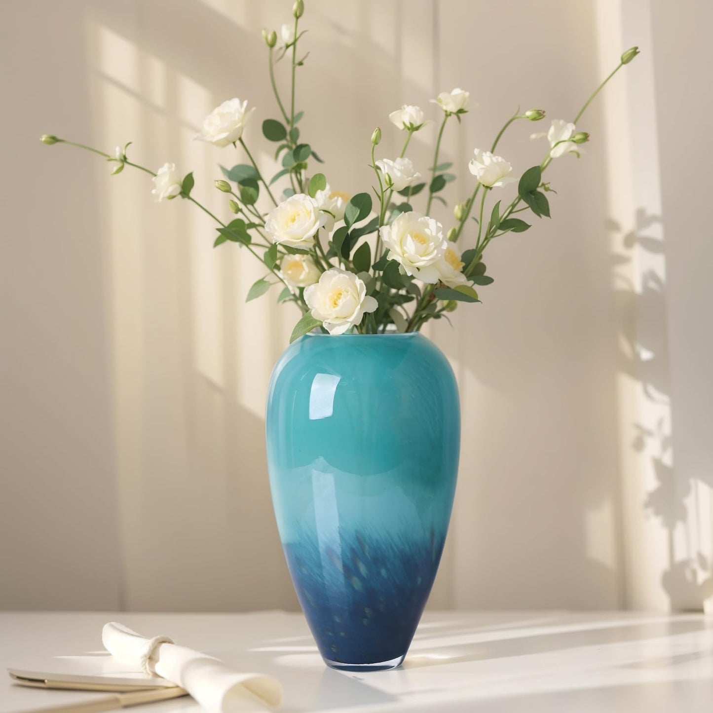 New Chinese Style Gradient Peacock Feather Glass vase (Turquoise Blue, 11 in)